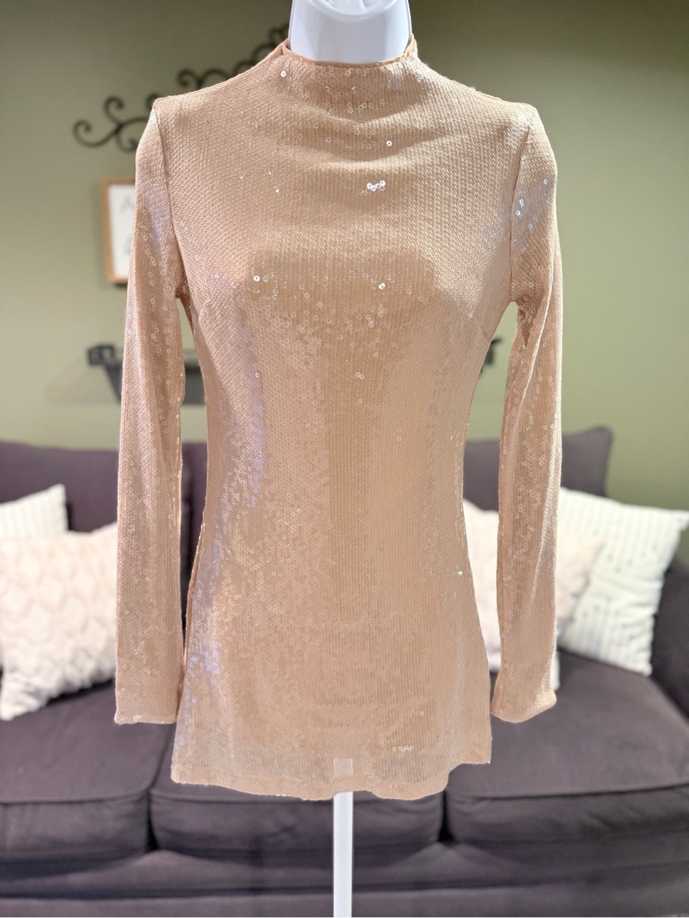 Lulu's Nude Sequin Mock Neck Long Sleeve Mini Dress **NWOT**